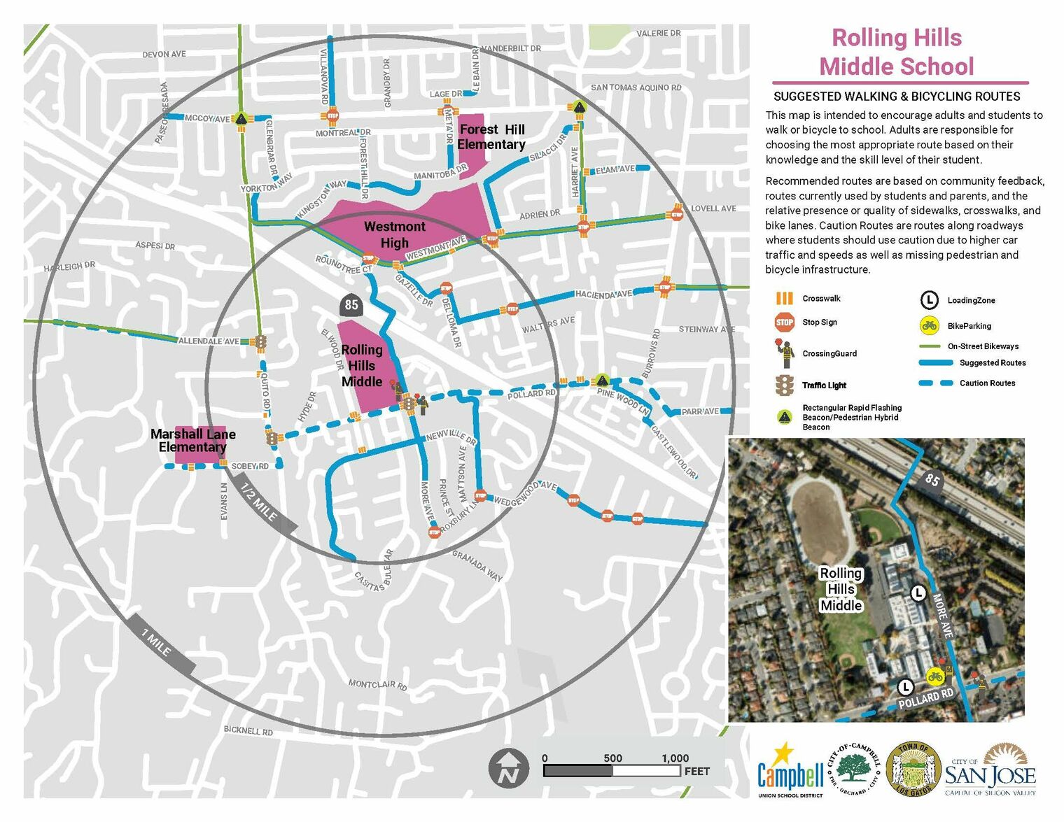 map of safe route to rolling hills