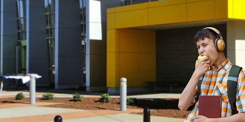 adolescent boy with headphones holding a book and biting into an apple as he stands beside a school building