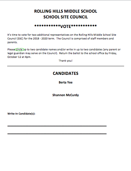 VOTE FOR TWO CANDIDATES FOR THE SCHOOL SITE COUNCIL - CALL THE SCHOOL OFFICE FOR DETAILS