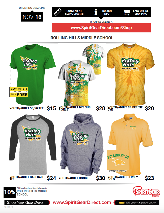 SPIRIT GEAR AVAILABLE ORDER NOW THROUGH NOVEMBER 16TH.  CONTACT THE SCHOOL OFFICE FOR DETAILS.