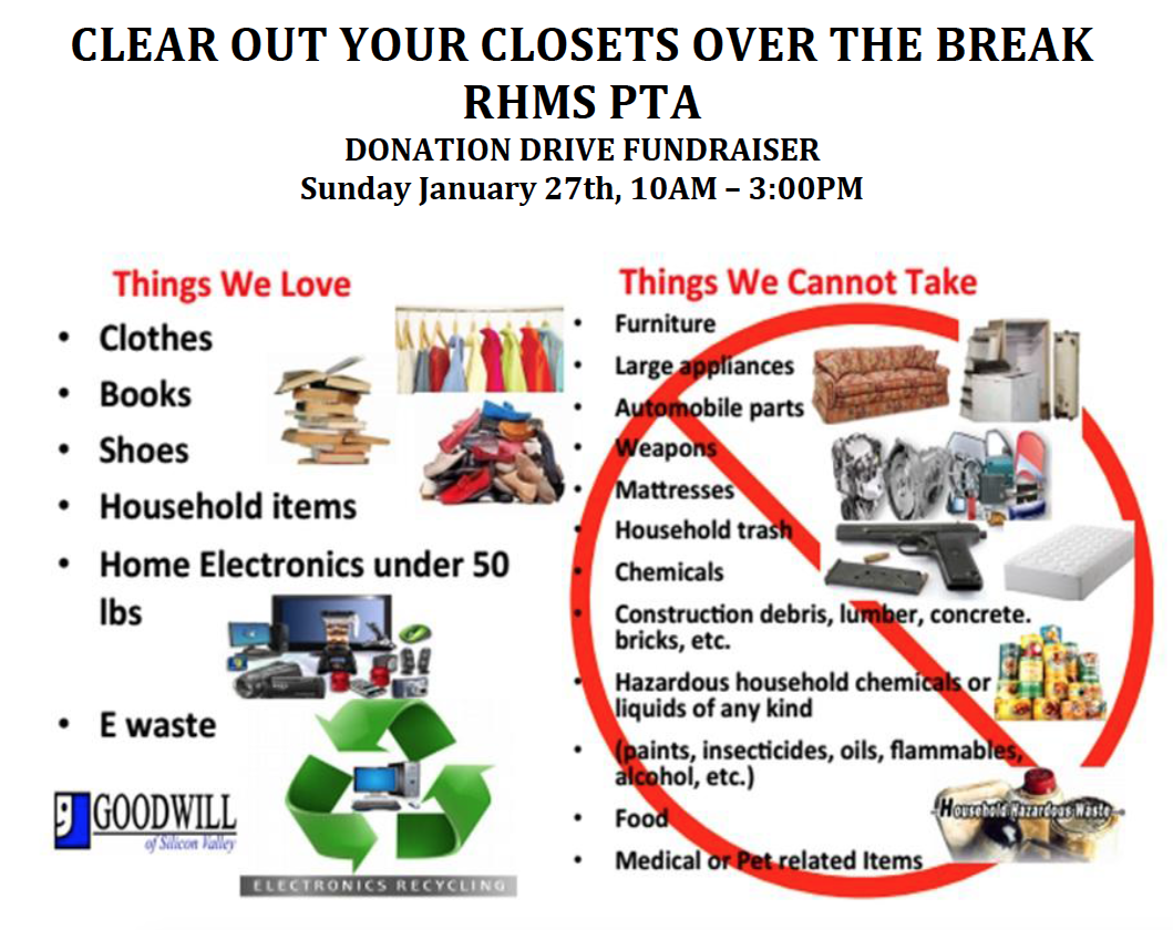 List of items accepted at the Goodwill ewaste & household item donation drive.  Please call the school office for information.