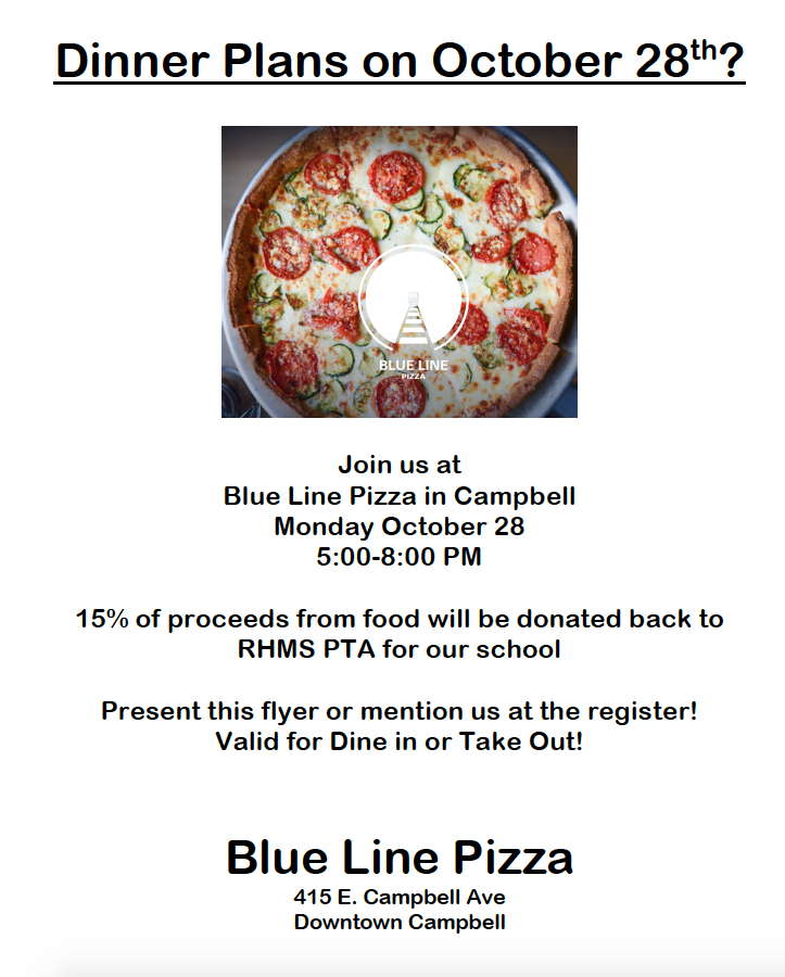 picture of a pizza.  fundraiser on oct 28 at blue line pizza.  call school office for details 408-364-4235