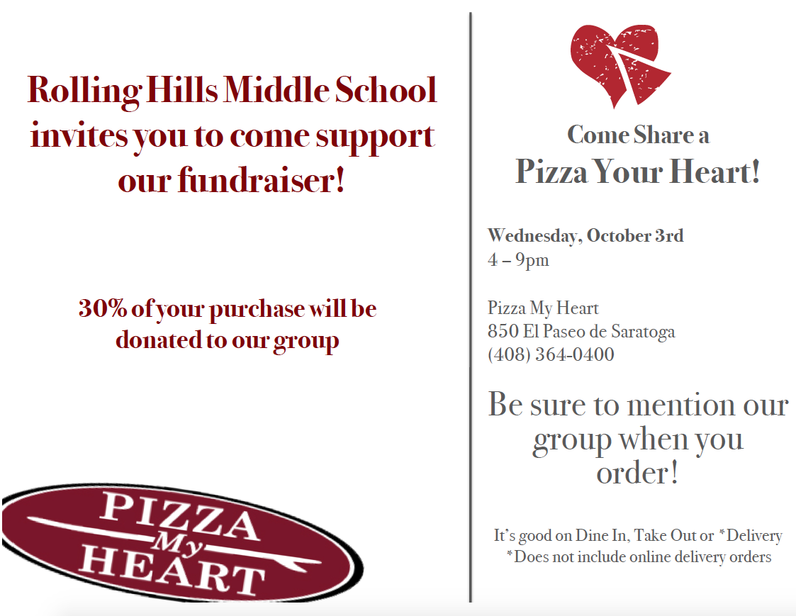 FLYER FOR PTA DINING OUT NITE FUNDRAISER AT PIZZA MY HEART EL PASEO ON WEDNESDAY OCTOBER 3RD, 4 TO 9 PM